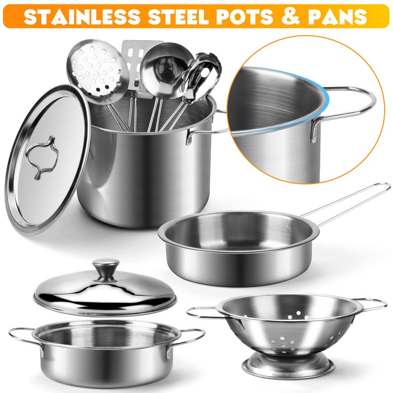 Tigerhu 26PCS Play Kitchen Accessories, Kitchen Pretend Play Cooking Toys w/ Stainless Steel Cookware, Apron & Chef Hat,Pots and Pans Set, Cutting Foods, Great Learning Gifts for Toddler & Boys Girls - Image 5
